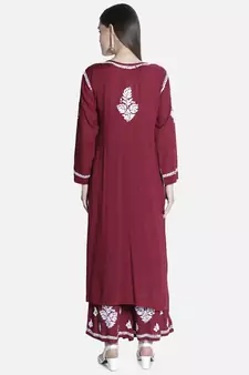 Hand Embroidered Maroon Cotton Blend Lucknow Chikankari Women Kurta Set