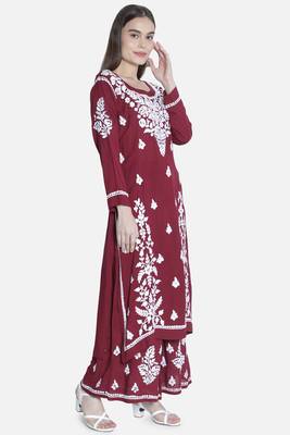 Hand Embroidered Maroon Cotton Blend Lucknow Chikankari Women Kurta Set 3