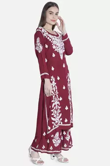 Hand Embroidered Maroon Cotton Blend Lucknow Chikankari Women Kurta Set