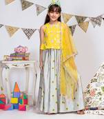 PS Kids by Payal Singhal Yellow Crepe Top with Grey printed Silkmul Lehenga and Yellow Net Dupatta