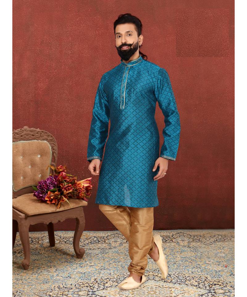 Men Blue Blackberry Silk Kurta Churidar Set