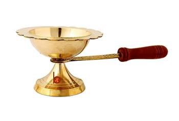 ROLIMOLI Brass Dhuni Diya With Wooden handle For Pooja havan 1