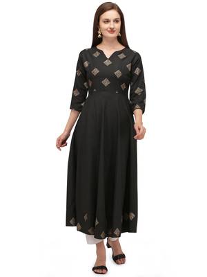 Black printed cotton long-kurtis 1
