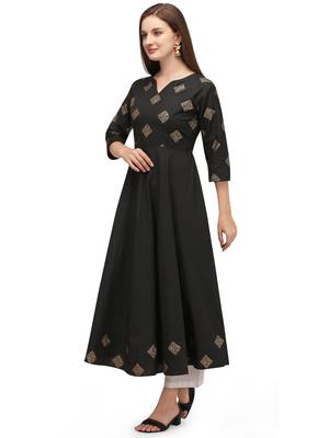 Black printed cotton long-kurtis 3