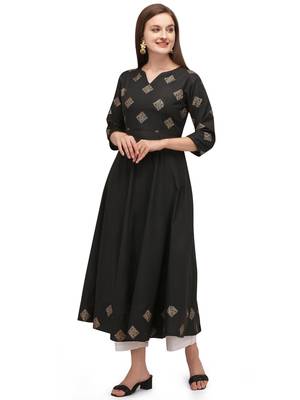 Black printed cotton long-kurtis 4