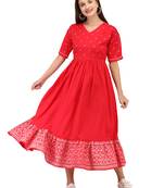 Red printed cotton long-kurtis