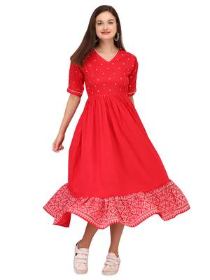 Red printed cotton long-kurtis 2