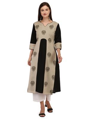 Cream printed cotton long-kurtis 1