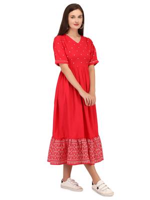 Red printed cotton long-kurtis 3