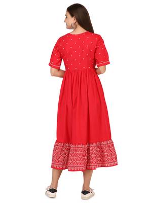 Red printed cotton long-kurtis 4
