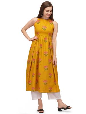 Yellow printed cotton long-kurtis 1
