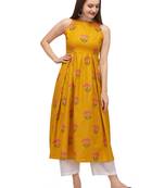 Yellow printed cotton long-kurtis