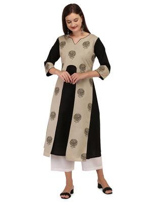 Cream printed cotton long-kurtis 3