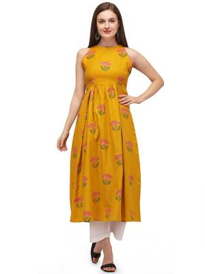 Yellow printed cotton long-kurtis 2