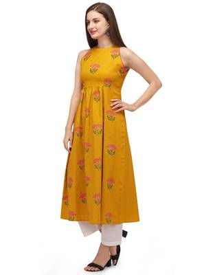 Yellow printed cotton long-kurtis 3