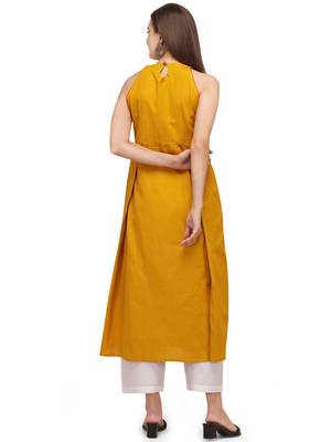 Yellow printed cotton long-kurtis 4