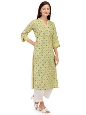 Yellow printed cotton long-kurtis 3