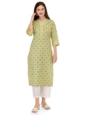 Yellow printed cotton long-kurtis 4
