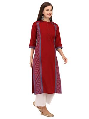 Maroon printed cotton long-kurtis 1