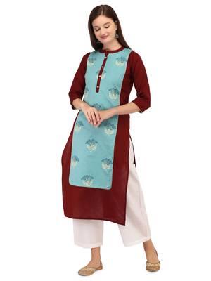 Maroon printed cotton long-kurtis 1