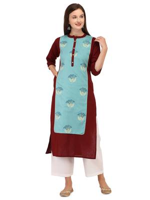 Maroon printed cotton long-kurtis 2