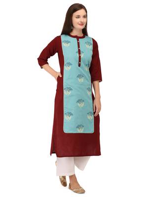 Maroon printed cotton long-kurtis 3