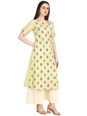 Cream printed cotton long-kurtis 1