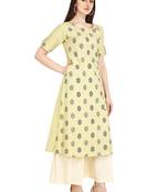 Cream printed cotton long-kurtis