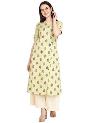 Cream printed cotton long-kurtis 2