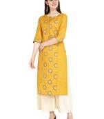 Yellow printed cotton long-kurtis