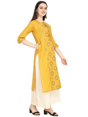 Yellow printed cotton long-kurtis 2