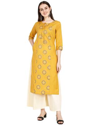 Yellow printed cotton long-kurtis 4