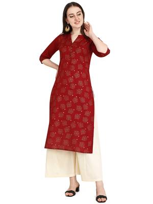 Maroon printed cotton long-kurtis 1