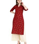 Maroon printed cotton long-kurtis