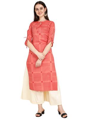 Pink printed cotton long-kurtis 1
