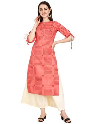 Pink printed cotton long-kurtis 4