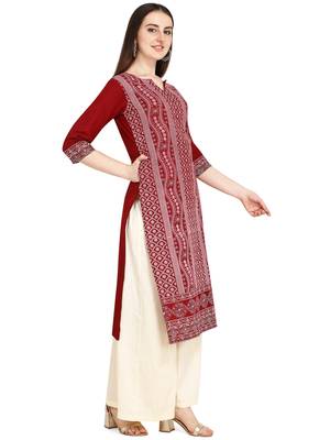 Maroon printed cotton long-kurtis 2
