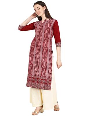 Maroon printed cotton long-kurtis 3