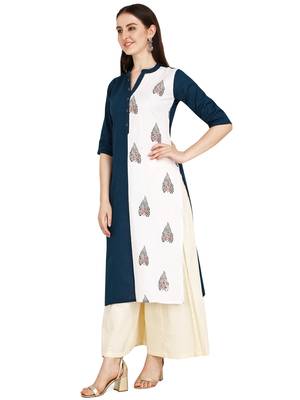 Blue printed cotton long-kurtis 3