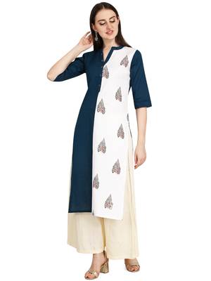 Blue printed cotton long-kurtis 4