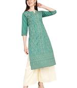 Green printed cotton long-kurtis