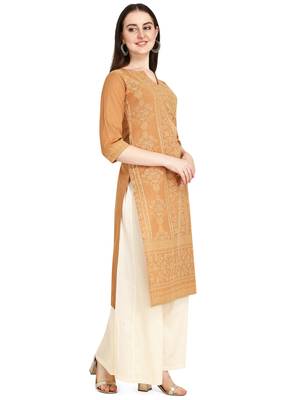 Brown printed cotton long-kurtis 3