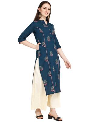 Blue printed cotton long-kurtis 2