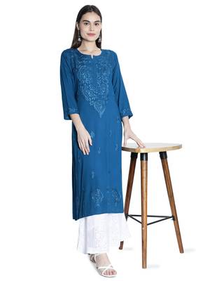 Seva Chikan Hand Embroidered Blue Rayon Chikankari-Kurtis 6