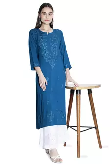 Seva Chikan Hand Embroidered Blue Rayon Chikankari-Kurtis