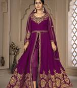 Purple Color Front Slit Style Embroidered Faux georgette Anarkali Pants Salwar Suit