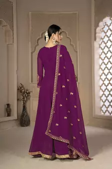 Purple Color Front Slit Style Embroidered Faux georgette Anarkali Pants Salwar Suit