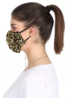 3-Ply Reusable Sculpted Sequin Fashion Mask With Lanyard Chain