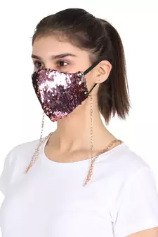 3-Ply Reusable Sculpted Sequin Fashion Mask With Lanyard Chain
