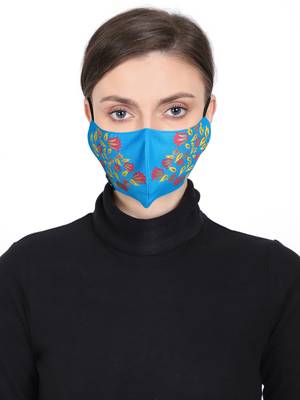 3-Ply Reusable Rayon Blue & Multi Floral Leaf Block Painted Poly Cotton Fabric Fashion Mask 1
